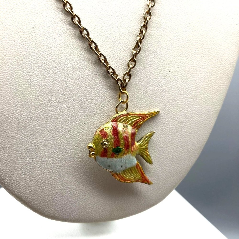 Vintage Puffy Cloisonne Fish Pendant, Colorful Angel Fish on Gold Tone Chain